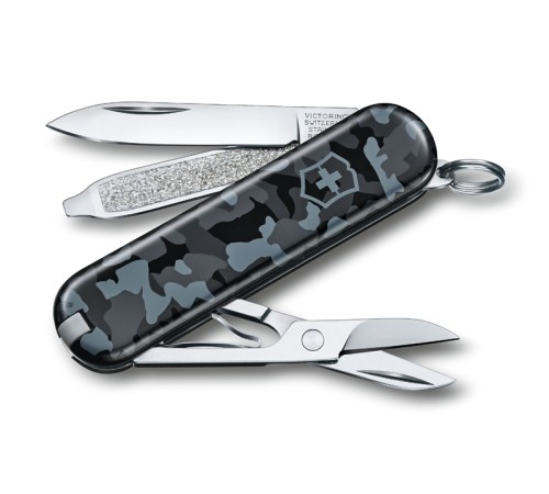 Нож-брелок VICTORINOX Classic SD Navy Camouflage, 58 мм, 7 функций, серо-синий камуфляж