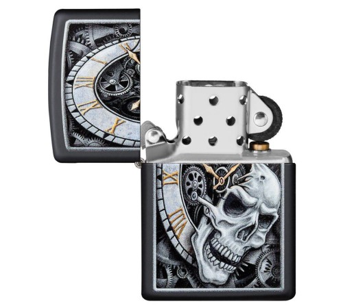 Зажигалка ZIPPO Skull Clock с покрытием Black Matte, латунь/сталь, чёрная, матовая, 38x13x57 мм