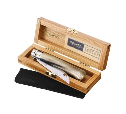 Нож Opinel №8, нержавеющая сталь, полированный клинок, рукоять светлый рог буйвола, дерев футляр, 000980