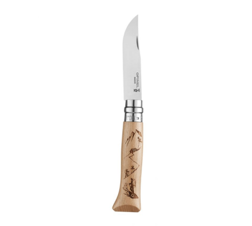 Нож Opinel №8 Alpine adventures, нержавеющая сталь, рукоять дуб, гравировка пеший туризм, 002186