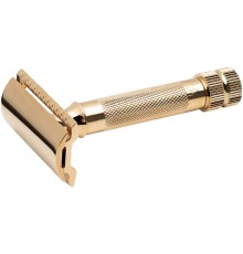 Станок Т-образный для бритья MERKUR 34G, глянцевое хромированное покрытие, прямой срез, закрытый гребень, золотистый цвет, лезвие в комплекте (1 шт)
