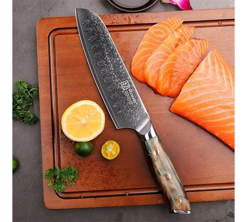 Нож сантоку из дамасской стали Keemake 7 Inch Santoku Knife Green Gem, бежевый