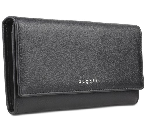 Кошелёк женский BUGATTI Lady Top, чёрный, натуральная воловья кожа, 20х2,5х10,5 см