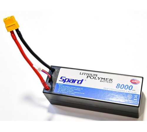 Аккумулятор Li-Po Spard 8000mAh, 7.4V, 60C, XT60, XL Hardcase (140x48x49мм) для авто 1/10, 1/8
