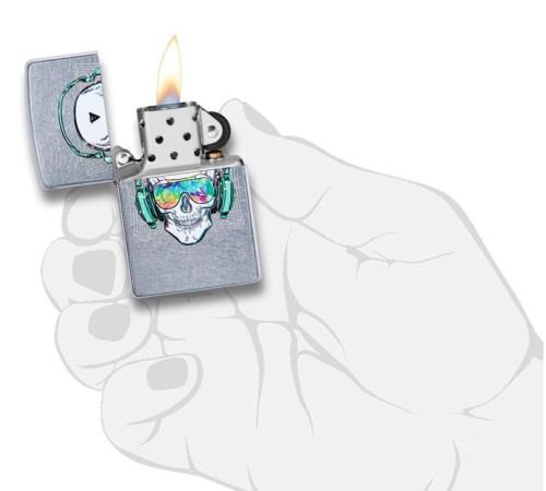Зажигалка ZIPPO Skull Headphone с покрытием Street Chrome™, латунь/сталь, серебристая, 38x13x57 мм