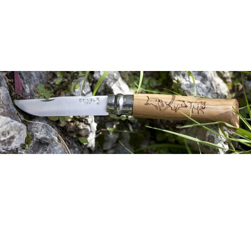 Нож Opinel №8 Animalia, нержавеющая сталь, рукоять дуб, гравировка кабан, 001624
