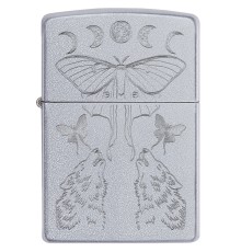 Зажигалка ZIPPO Butterfly and Wolf с покрытием Satin Chrome, латунь/сталь, серебристая, 38x13x57 мм