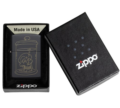 Зажигалка ZIPPO Skull Design с покрытием Black Matte, латунь/сталь, чёрная, матовая, 38x13x57 мм