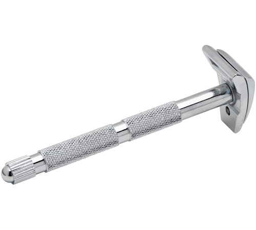Станок контурный для бритья MERKUR 907C, глянцевое хромированное покрытие, прямой срез, короткая ручка, лезвие в комплекте (1 шт)
