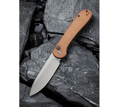 Складной нож CIVIVI Button Lock Elementum 14C28N Steel Gray Stonewashed Handle Brown Micarta