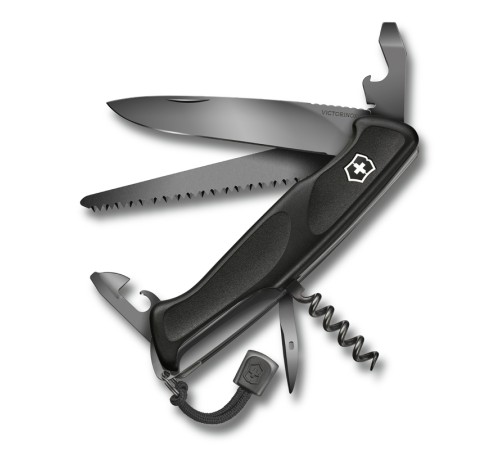 Нож перочинный VICTORINOX RangerGrip 55 Onyx Black, 130 мм, 12 функций, с фиксатором лезвия, чёрный