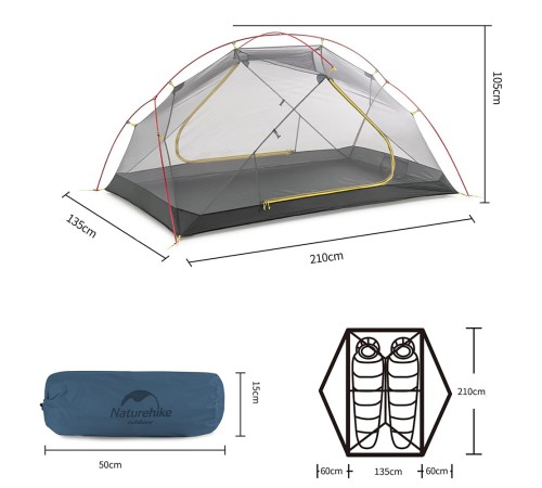 Палатка Naturehike Mongar NH19M002-J 210T двухместная сверхлегкая , синяя Phantom Blue, 6975641882596