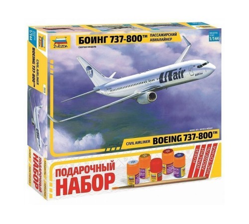 Сборная модель ZVEZDA Пассажирский авиалайнер Боинг 737-800, подарочный набор, 1/144