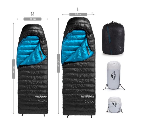 Мешок спальный Naturehike CW400 NH18C400-D с утиным пухом, размер L, черный