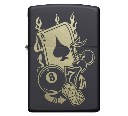 Зажигалка ZIPPO Gambling Design с покрытием Black Matte, латунь/сталь, чёрная, матовая, 38x13x57 мм