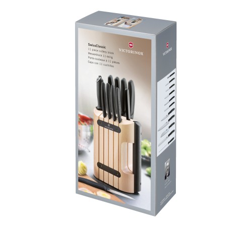 Набор из 11 кухонных ножей VICTORINOX, чёрная рукоять, в подставке из бука высотой 35,5 см