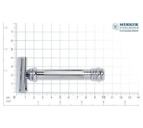 Cтанок Т-образный для бритья MERKUR 39C, глянцевое хромированное покрытие, косой срез, закрытый гребень, длинная ручка, лезвие в комплекте (1 шт)