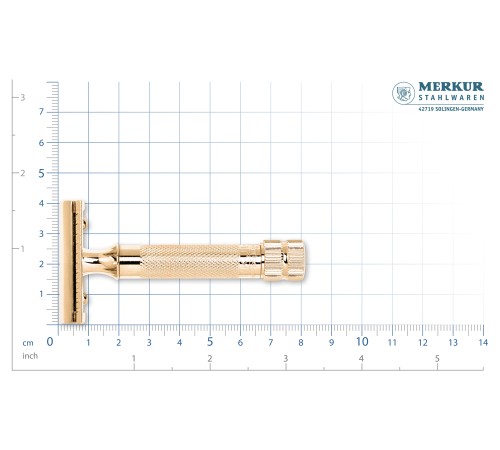 Станок Т-образный для бритья MERKUR 34G, глянцевое хромированное покрытие, прямой срез, закрытый гребень, золотистый цвет, лезвие в комплекте (1 шт)