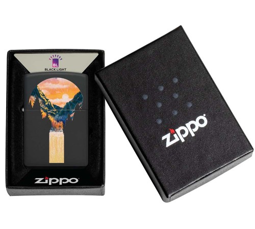 Зажигалка ZIPPO Mountain Waterfall с покрытием Black Light, латунь/сталь, черная,матовая 38x13x57 мм