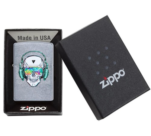 Зажигалка ZIPPO Skull Headphone с покрытием Street Chrome™, латунь/сталь, серебристая, 38x13x57 мм