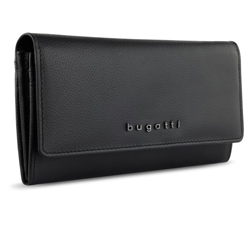 Кошелёк женский BUGATTI Bella, с RFID защитой, чёрный, воловья кожа/полиэстер, 19х3х10 см