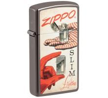 Зажигалка ZIPPO Slim® с покрытием Black Ice ®, латунь/сталь, чёрная, глянцевая, 29x10x60 мм