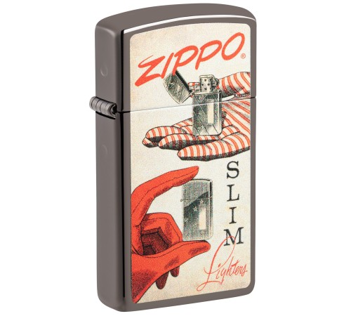 Зажигалка ZIPPO Slim® с покрытием Black Ice ®, латунь/сталь, чёрная, глянцевая, 29x10x60 мм