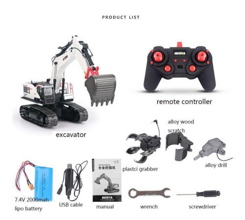 Радиоуправляемый экскаватор HUI NA TOYS, серый 2.4G 22CH 1/14 RTR
