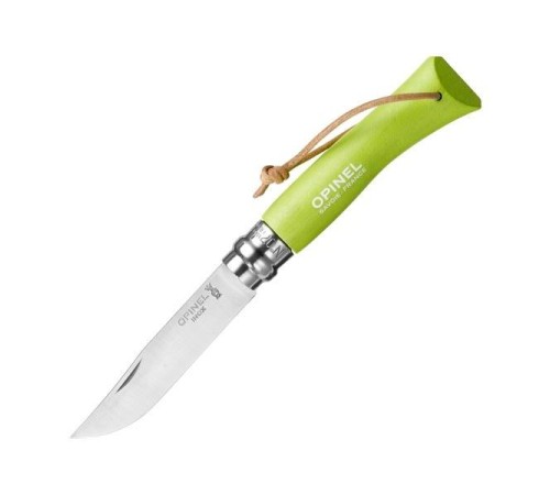 Нож Opinel №7 Trekking, нержавеющая сталь, кожаный темляк, светло-зеленый, 001442