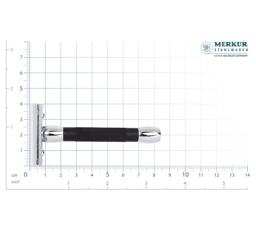 Cтанок Т-образный для бритья MERKUR 30C, глянцевое хромированное покрытие, анодированный алюминий в черном цвете, лезвие в комплекте (1 шт)