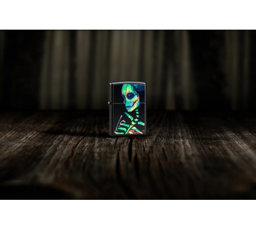 Зажигалка ZIPPO Skeleton Design с покрытием Black Light, латунь/сталь, черная, матовая, 38x13x57 мм